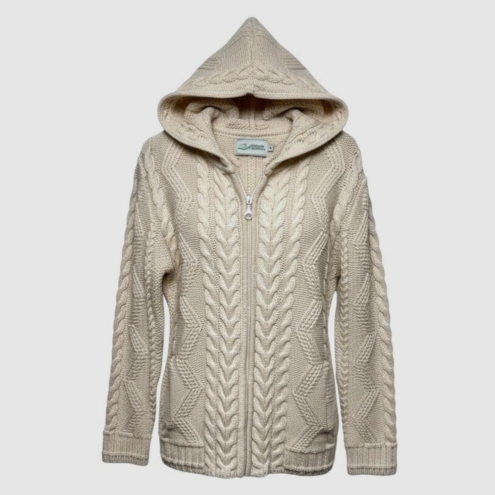 Aran Co Women Cream Cable Knit Full Zip Hooded Cardigan Sweater Size M **FLAW